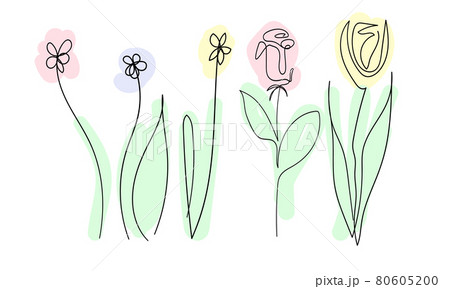 set of beautiful spring flowers on white background, one continuous line, black contour art colored spots gentle pastel color, floral vector elements, botanical set 80605200