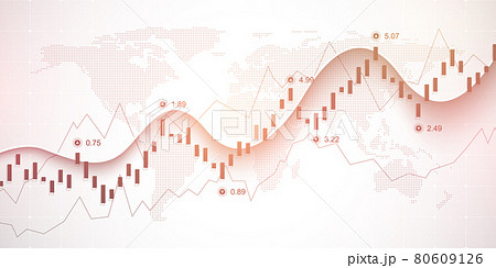 Abstract financial chart with uptrend line graph and world map on black and white color background. Business Candle stick graph chart of stock market investment trading. Vector illustration 80609126
