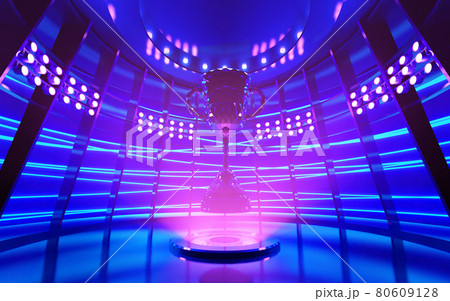 Trophy in collection room decorate in futuristic style for e-sport winner event.3D rendering. Trophy in collection room decorate in futuristic style for e-sport winner event.3D rendering. 80609128