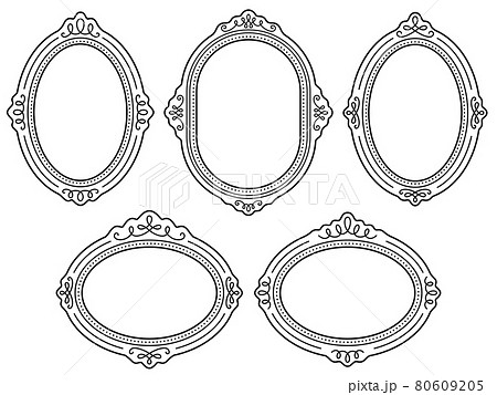 洋風の線の飾り付きの楕円形額縁フレームのイラスト素材