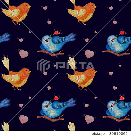 Decorative birds seamless pattern. Magic blue bird with red flower and orange cute sparrow on a dark blue background with hearts. Watercolor. Illustration Hand drawing for design 80610062