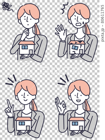 A simple illustration of a woman in a suit thinking about her house A simple illustration of a woman in a suit thinking about her house 80611765