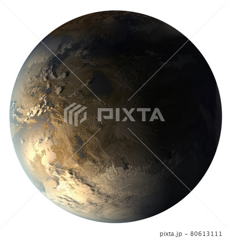 Kepler-186f, the First Earth-size Planet in the Habitable Zone. Gold super-Earth exoplanet in the constellation of Cygnus isolated on white background. 80613111