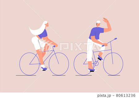 A couple rides bicycles. Spending time together. The man waves his hand. Eco-friendly urban transport. Post-quarantine lifestyle. Vector illustration on isolated background. Eps 10 A couple rides bicycles. Spending time together. The man waves his hand. Eco-friendly urban transport. Post-quarantine lifestyle. Vector illustration on isolated background. Eps 10 80613236