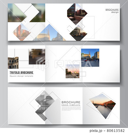 Vector layout of square format covers design templates with geometric simple shapes, lines and photo place for trifold brochure, flyer, magazine, cover design, book, brochure cover. 80613582