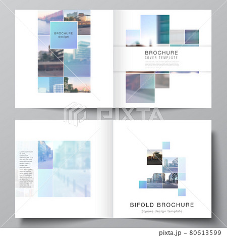 Vector layout of two covers templates for square bifold brochure, flyer, magazine, cover design, book design, brochure cover. Abstract design project in geometric style with blue squares. 80613599