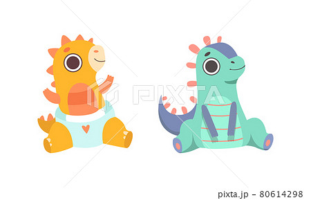 Cute Little Dinosaurs Set, Adorable Newborn Dino Babies Cartoon Vector Illustration 80614298