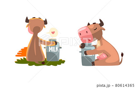 Cute Milk Cow with Udder Embracing Can with Milk Vector Set 80614365
