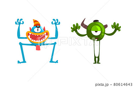 Monster with Wide Open Toothy Mouth in Frightening Pose Vector Set 80614643