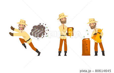 Beekeeper or Apiarist with Beehive and Brood Frame Honey Harvesting Vector Set 80614645