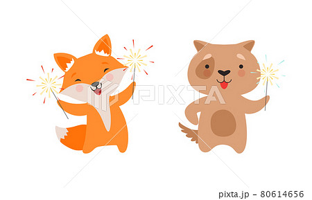 Cute Animal with Fireworks Enjoying Holiday Celebration Vector Set 80614656
