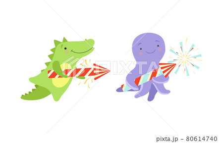 Cute Animal with Fireworks Enjoying Holiday Celebration Vector Set 80614740