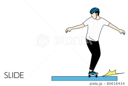 スケートボード(スケボー)のスライド系トリック、縁石を滑走する男性 スケートボード(スケボー)のスライド系トリック、縁石を滑走する男性 80616434