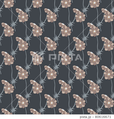 Beige colored little anemone flower abstract seamless pattern. Dark navy blue background. Simple print. 80616671