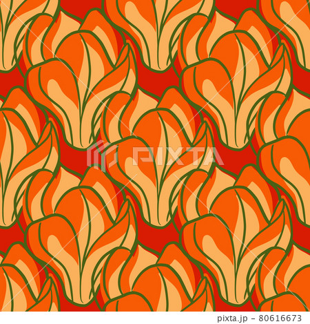 Abstract style floral seamless pattern with orange contoured magnolia flowers print. Red background. 80616673