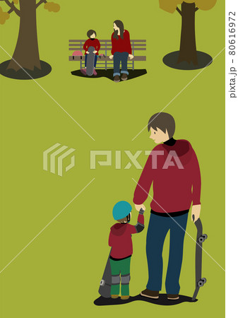 公園でスケートボードの練習を楽しんでいる親子のイラスト(秋冬バージョン・コピースペースあり) 公園でスケートボードの練習を楽しんでいる親子のイラスト(秋冬バージョン・コピースペースあり) 80616972