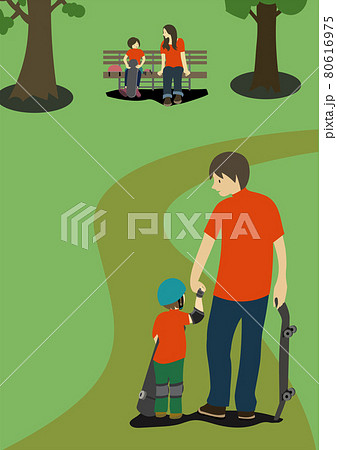 公園でスケートボードの練習を楽しんでいる親子のイラスト(夏バージョン・コピースペースあり) 公園でスケートボードの練習を楽しんでいる親子のイラスト(夏バージョン・コピースペースあり) 80616975