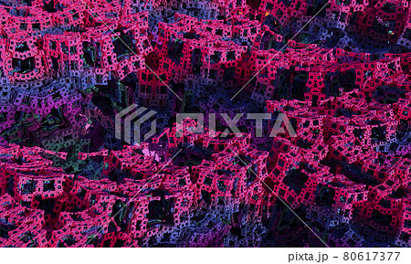 Fractal Houses, Boho Tie Dye Fabric. Purple Surreal Template. Ethnic Fractal. Purple Fantastic Design. Abstract Traditional 3d render Unique Silk. Pink Brush Paint. Ink Tie Dye Pattern. 80617377