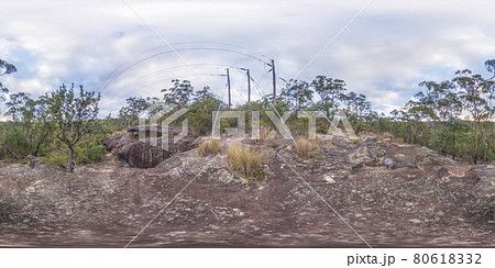 Spherical panoramic photograph of a fire trail dirt track in regional Australia 80618332