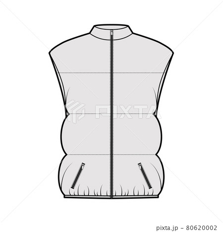 Down vest puffer waistcoat technical fashion illustration with sleeveless, stand collar, pockets, oversized, hip length 80620002