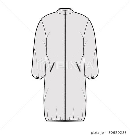 Hooded jacket puffer coat technical fashion illustration with long sleeves, zip-up closure, pockets, boxy, knee length Hooded jacket puffer coat technical fashion illustration with long sleeves, zip-up closure, pockets, boxy, knee length 80620283
