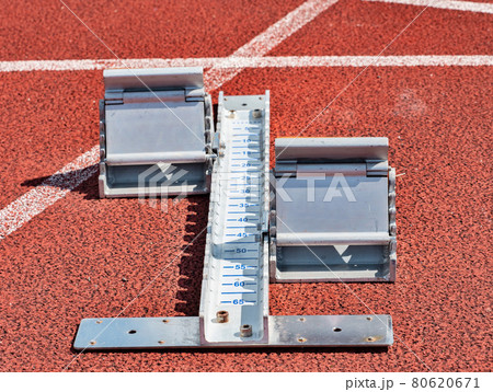 Close view to run start blocks ready on stadium tracks. 80620671