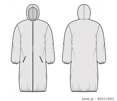 Hooded jacket Down puffer coat technical fashion illustration with zip-up closure, pockets, boxy fit, knee length 80621663
