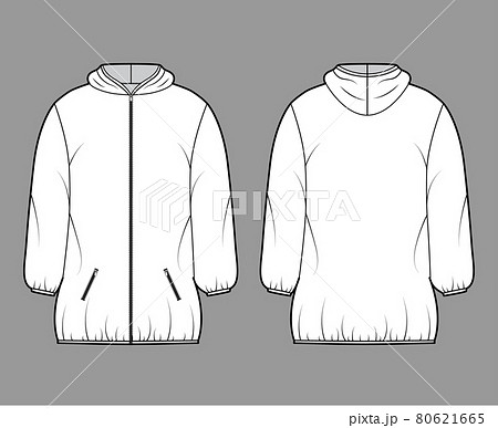 Down puffer coat jacket technical fashion illustration with long sleeves, hoody collar, zip-up closure, thigh length Down puffer coat jacket technical fashion illustration with long sleeves, hoody collar, zip-up closure, thigh length 80621665