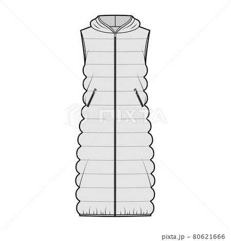 Hooded Down vest puffer waistcoat technical fashion illustration with zip-up closure, midi length, classic quilting Hooded Down vest puffer waistcoat technical fashion illustration with zip-up closure, midi length, classic quilting 80621666