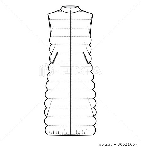 Down vest puffer waistcoat technical fashion illustration with stand collar, pockets, midi length, classic quilting 80621667