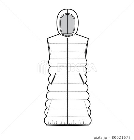 Down vest puffer waistcoat technical fashion illustration with hoody collar zip-up closure, loose body, classic quilting Down vest puffer waistcoat technical fashion illustration with hoody collar zip-up closure, loose body, classic quilting 80621672