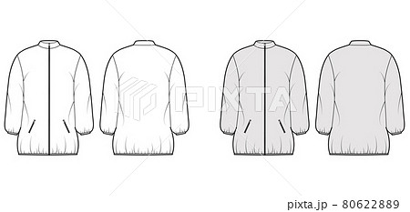 Down puffer coat jacket technical fashion illustration with long sleeves, stand collar, pockets, boxy fit, thigh length 80622889