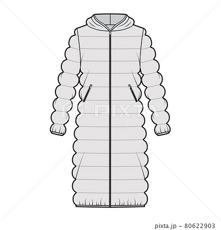 Hooded quilted shell down coat jacket puffer technical fashion illustration with long sleeve, knee length, oversized 80622903