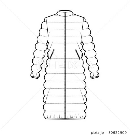 Coat quilted shell down jacket puffer technical fashion illustration with long sleeves, collar, zip-up closure, pockets 80622909