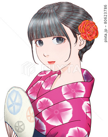 団扇を持った赤紫色の浴衣の女性 色が反転した朝顔模様のイラスト素材