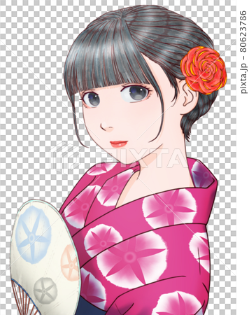 団扇を持った赤紫色の浴衣の女性　色が反転した朝顔模様 80623786