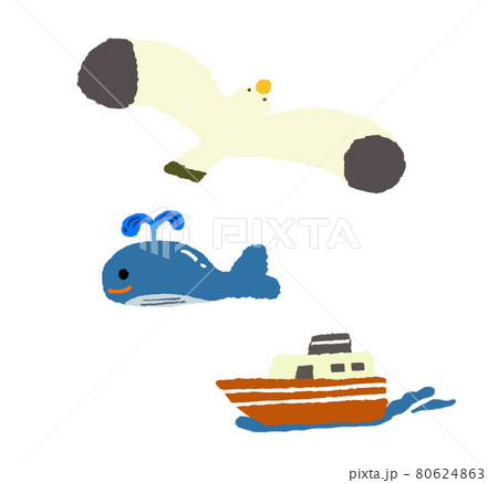 シンプル海もある日本地図　おおまかな説明用にカモメとクジラと船 80624863