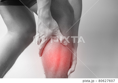 adult male with his muscle pain on gray background. Elderly man having leg ache due to Calf muscle pull. Sports injuries and medical concept adult male with his muscle pain on gray background. Elderly man having leg ache due to Calf muscle pull. Sports injuries and medical concept 80627607