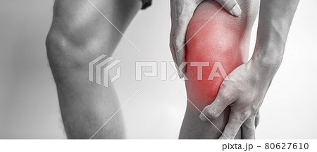 man with muscle pain on grey background. Elderly have knee ache due to Runners Knee or Patellofemoral Pain Syndrome, osteoarthritis, arthritis, rheumatism and Patellar Tendinitis. medical concept 80627610
