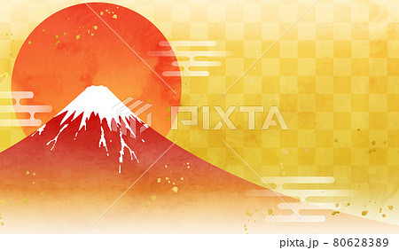 水彩の富士山と初日の出のお正月のベクターイラスト背景 赤富士 赤 朝日 金 市松模様 テクスチャのイラスト素材 8062