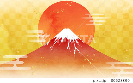 水彩の富士山と初日の出のお正月のベクターイラスト背景(赤富士,赤,朝日,金,市松模様,テクスチャ 80628390
