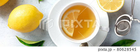 Lemon tea panorama, shot from the top. Organic lemons, natural drink 80628545