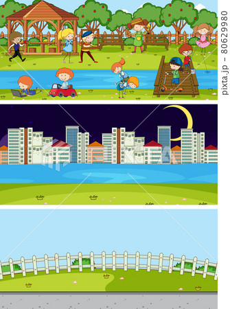 Set of different horizontal scenes background with doodle kids cartoon character 80629980