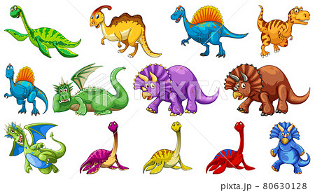 Different dinosaurs cartoon character and fantasy dragons isolated 80630128