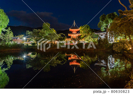 京都府京都市 大覚寺の観月の夕べで放生池の向こうに見える朱色の心経宝塔 京都府京都市 大覚寺の観月の夕べで放生池の向こうに見える朱色の心経宝塔 80630823