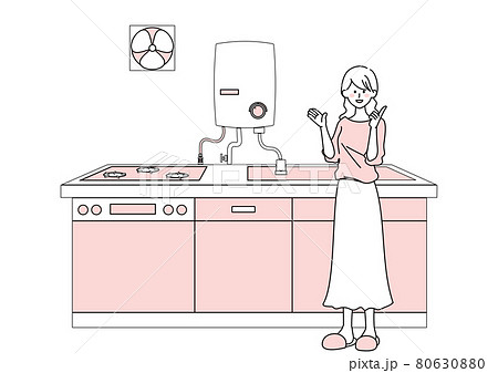 ガス給湯器付きキッチンと女性のイラスト素材