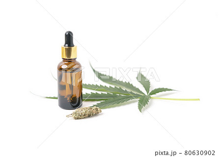 Cannabis oil extracts in jars and green cannabis leaves, marijuana isolated on white background. Growing medical and herb marijuana. Cannabis oil extracts in jars and green cannabis leaves, marijuana isolated on white background. Growing medical and herb marijuana. 80630902