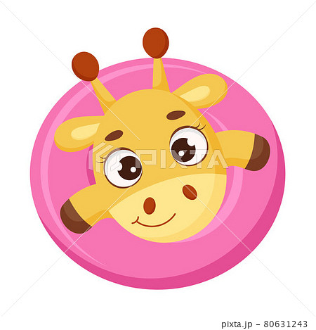 Cute little giraffe floats on pink circle. Funny cartoon character for print, greeting cards, baby shower, invitation, wallpapers, home decor. Bright colored childish stock vector illustration. Cute little giraffe floats on pink circle. Funny cartoon character for print, greeting cards, baby shower, invitation, wallpapers, home decor. Bright colored childish stock vector illustration. 80631243