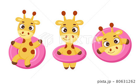 Set of cute little giraffe floats on pink circle. Funny cartoon character for print, cards, baby shower, invitation, wallpapers, decor. Bright colored childish stock vector illustration 80631262