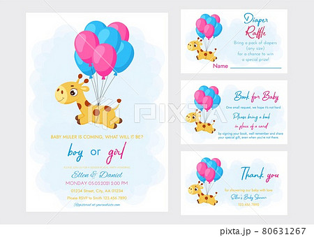 Baby Shower printable party invitation card template Baby boy or girl with Diaper Raffle, Book for baby and Thank you card. Invitation set with cute little giraffe flying on balloons. Baby Shower printable party invitation card template Baby boy or girl with Diaper Raffle, Book for baby and Thank you card. Invitation set with cute little giraffe flying on balloons. 80631267